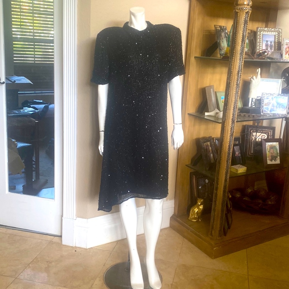 Harrison Morgan NY Black Sequins Beaded Lose Fit Cocktail Dress XL